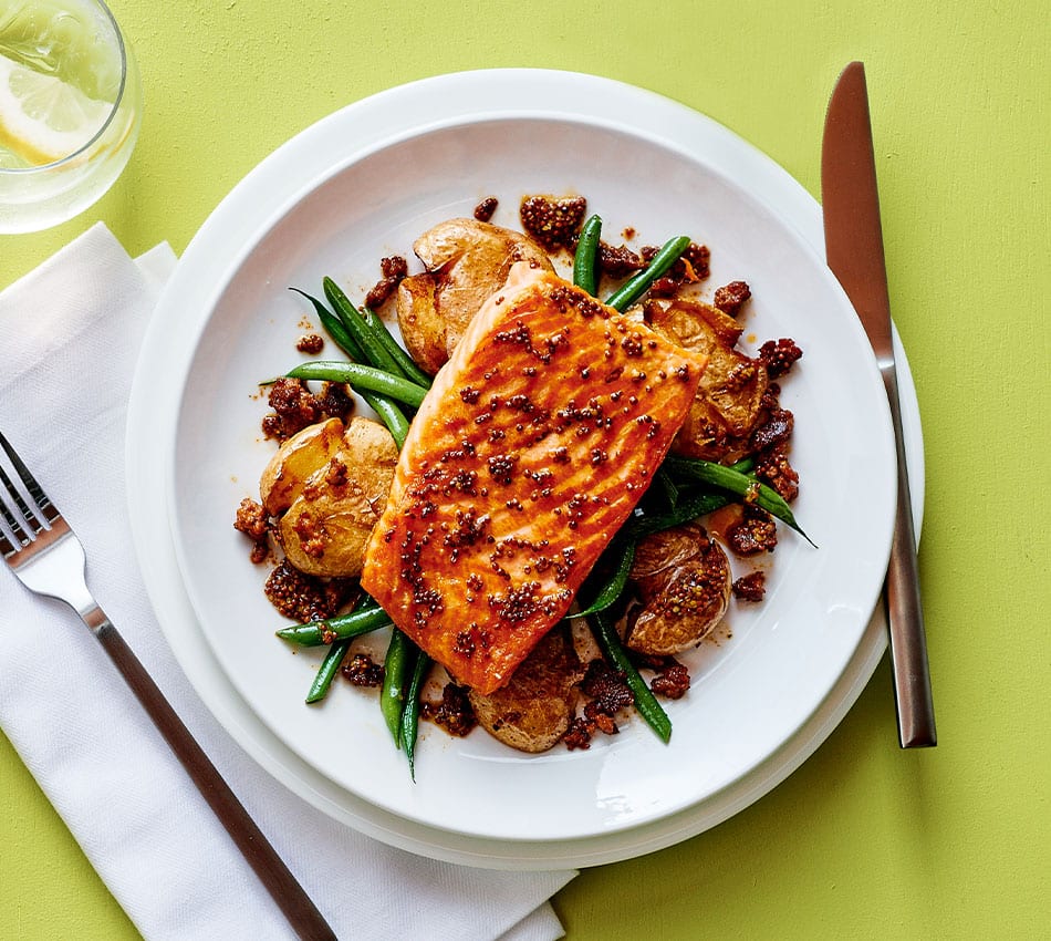Honey-Mustard Salmon and Smashed Potatoes Over Haricots Verts With Chorizo